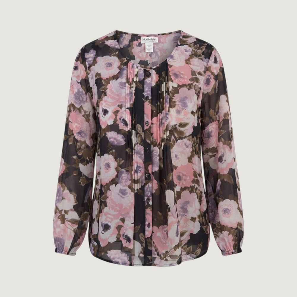 NorthStyle Womens 1X Floral Chiffon Blouse Pink Rose Print Pintuck Button Top